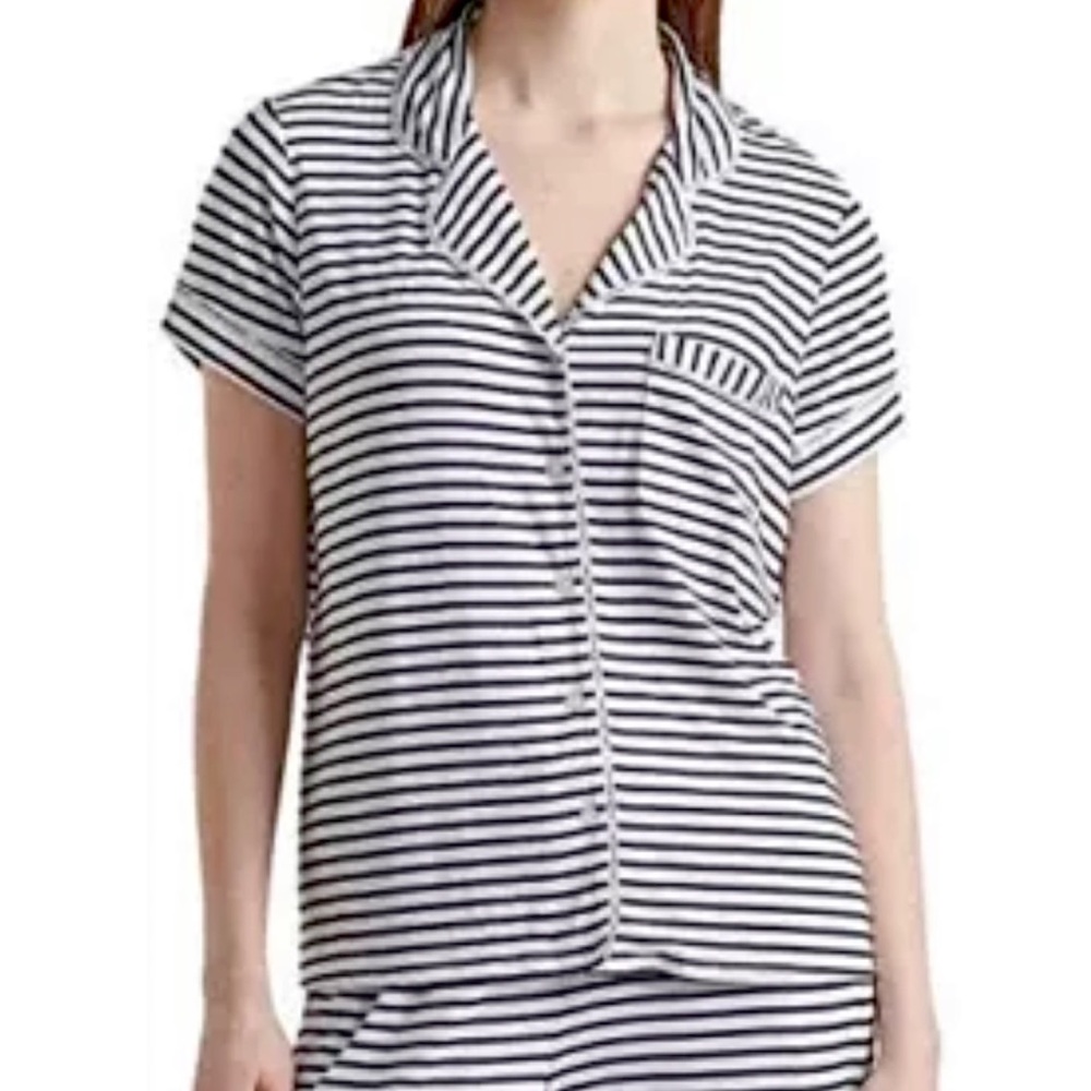 TOMMY HILFIGER • Navy Stripe Notch Collar Button-Down Pajama Top, L